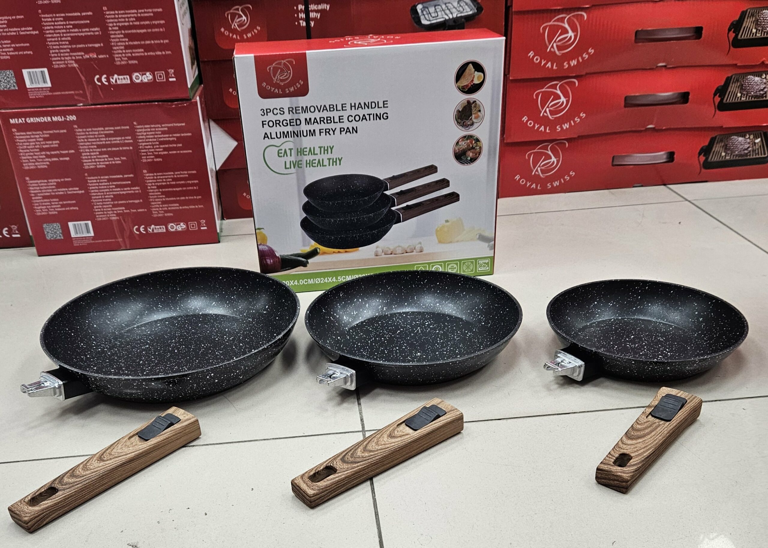 Poele 3pcs noir manche amovible 20cm/24cm/28cm RS