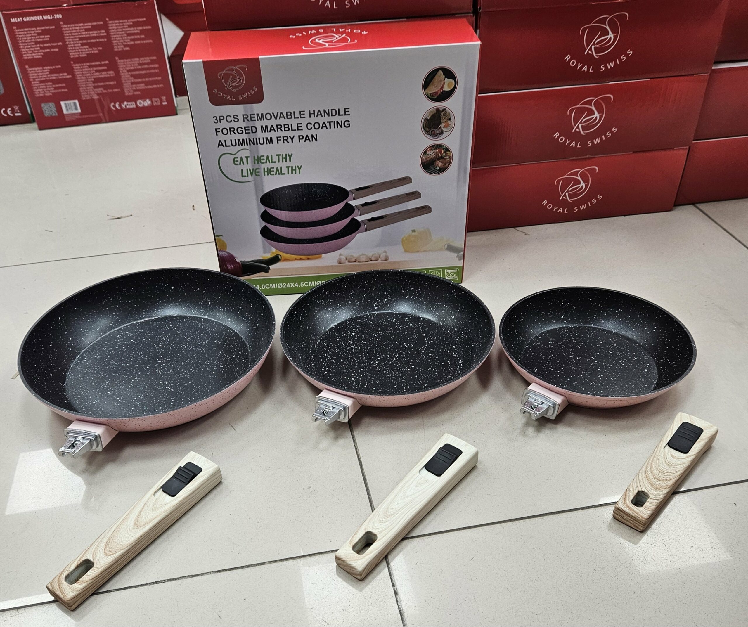 Poele 3pcs rose manche amovible 20cm/24cm/28cm RS