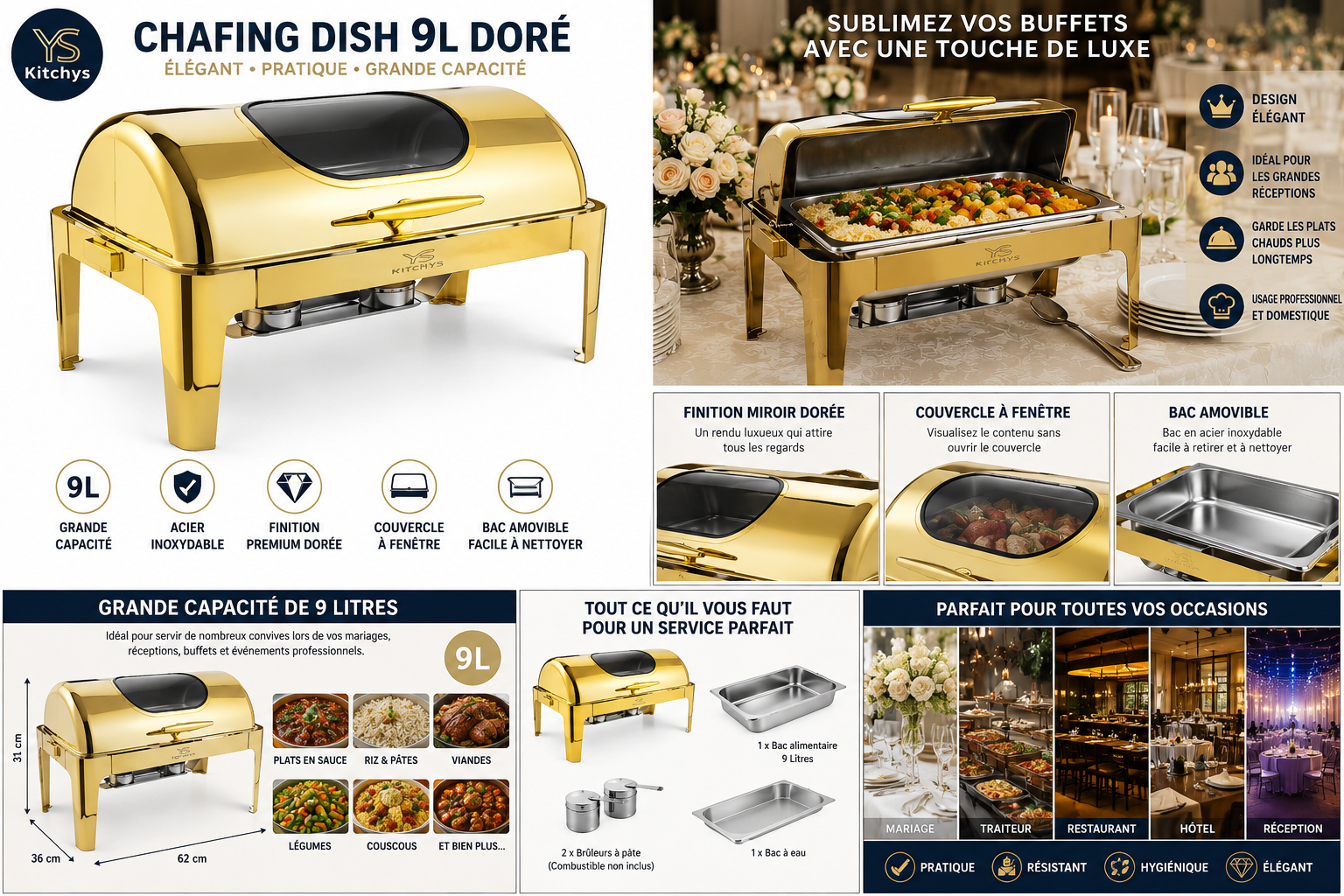YS Kitchys Chafing Dish 9L Doré en Acier Inoxydable – Chauffe-Plat Buffet Professionnel avec Couvercle à Fenêtre – Mariage, Traiteur, Restaurant et Réception – Image 3