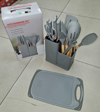 Couteaux socle + Ustensile + planche à découper- Gris