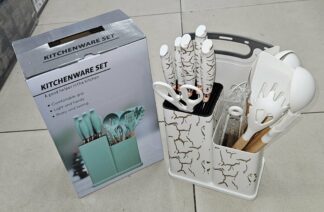 Couteaux socle + Ustensile + planche à découper - Marbré Blanc