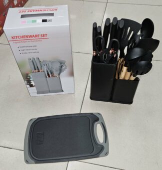 Couteaux socle + Ustensile + planche à découper - Noir