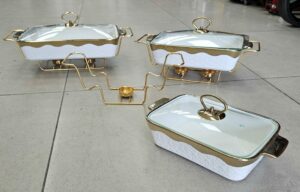 Plat en porcelaine 3pcs + support garde au chaud - Gold - YS-T74