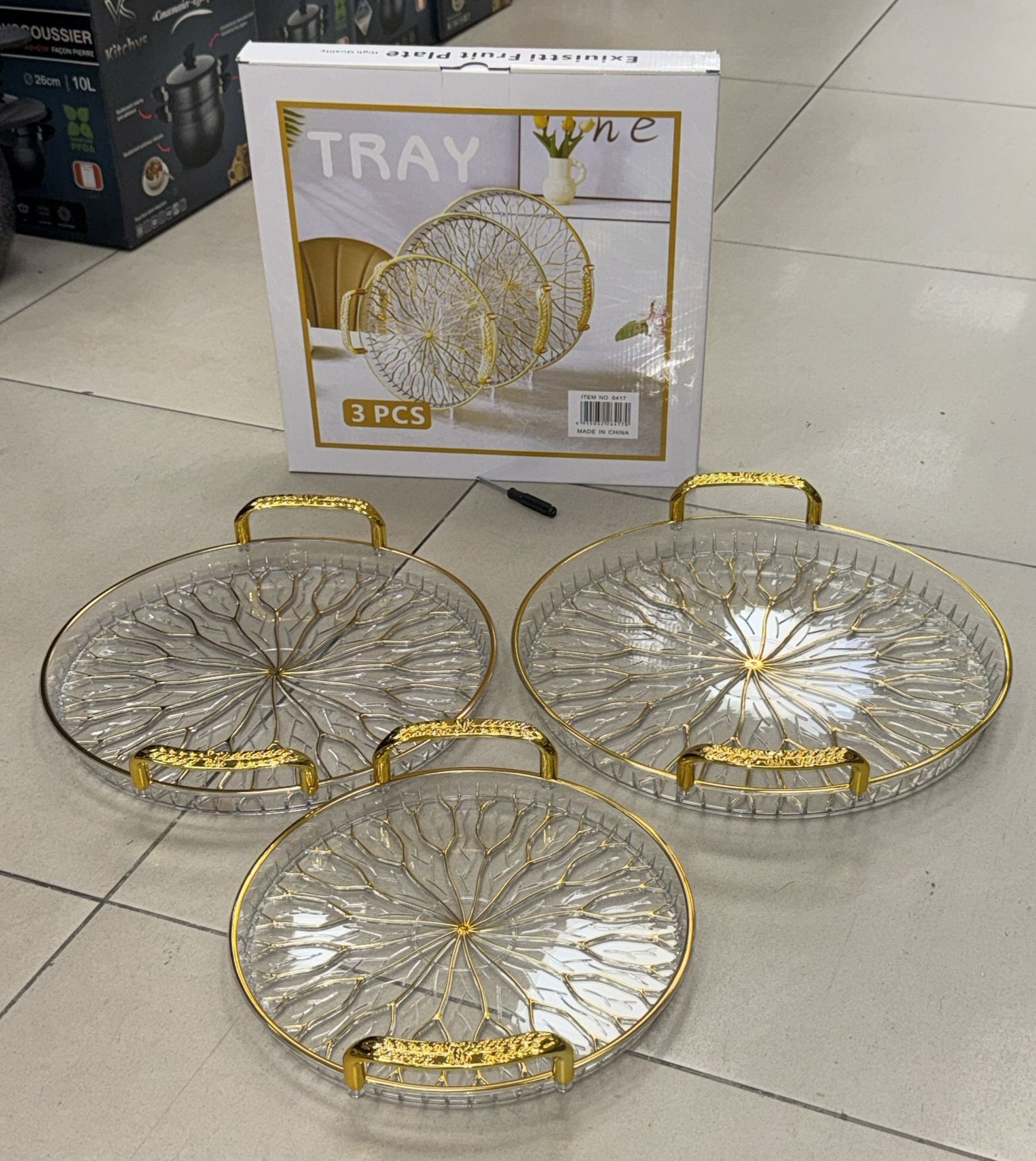 Plateau 3pcs rond Gold avec poignet - YS-E19
