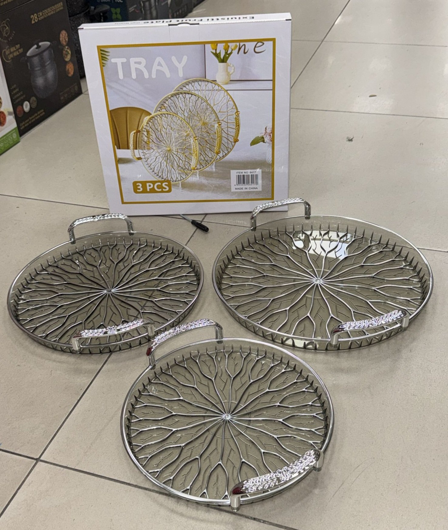 Plateau 3pcs rond Silver avec poignet - YS-E20