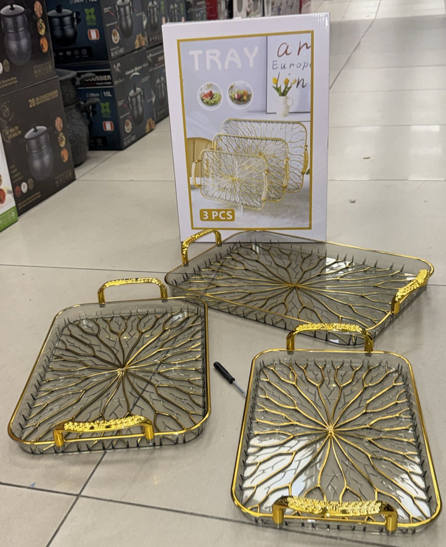 Plateau 3pcs rectangle Gold avec poignet - YS-E21