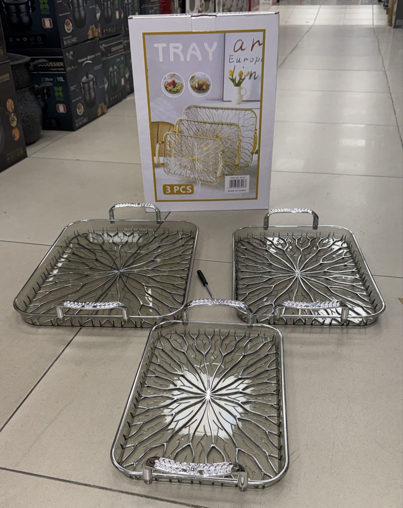 Plateau 3pcs rectangle Silver avec poignet - YS-E22