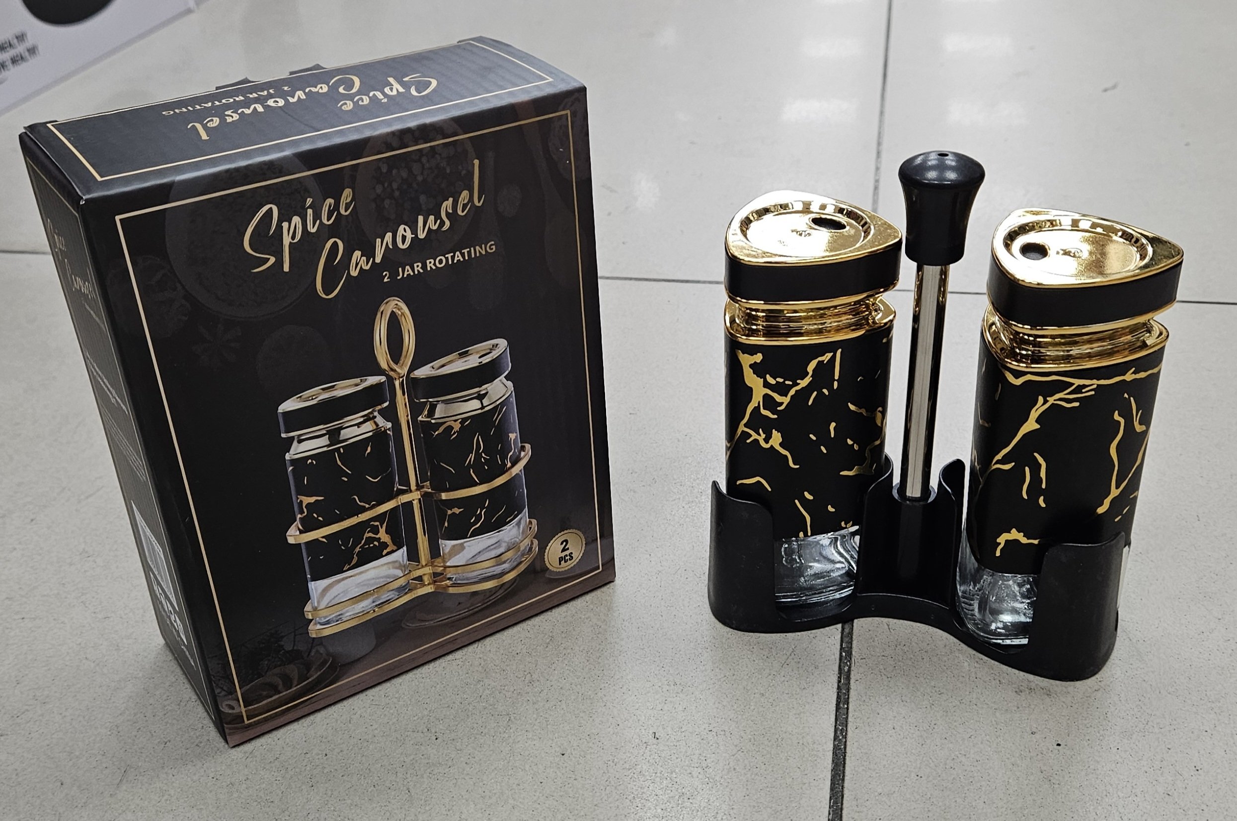 Salières et Poivrière avec support - Verre/Noir marbré - YS-D02