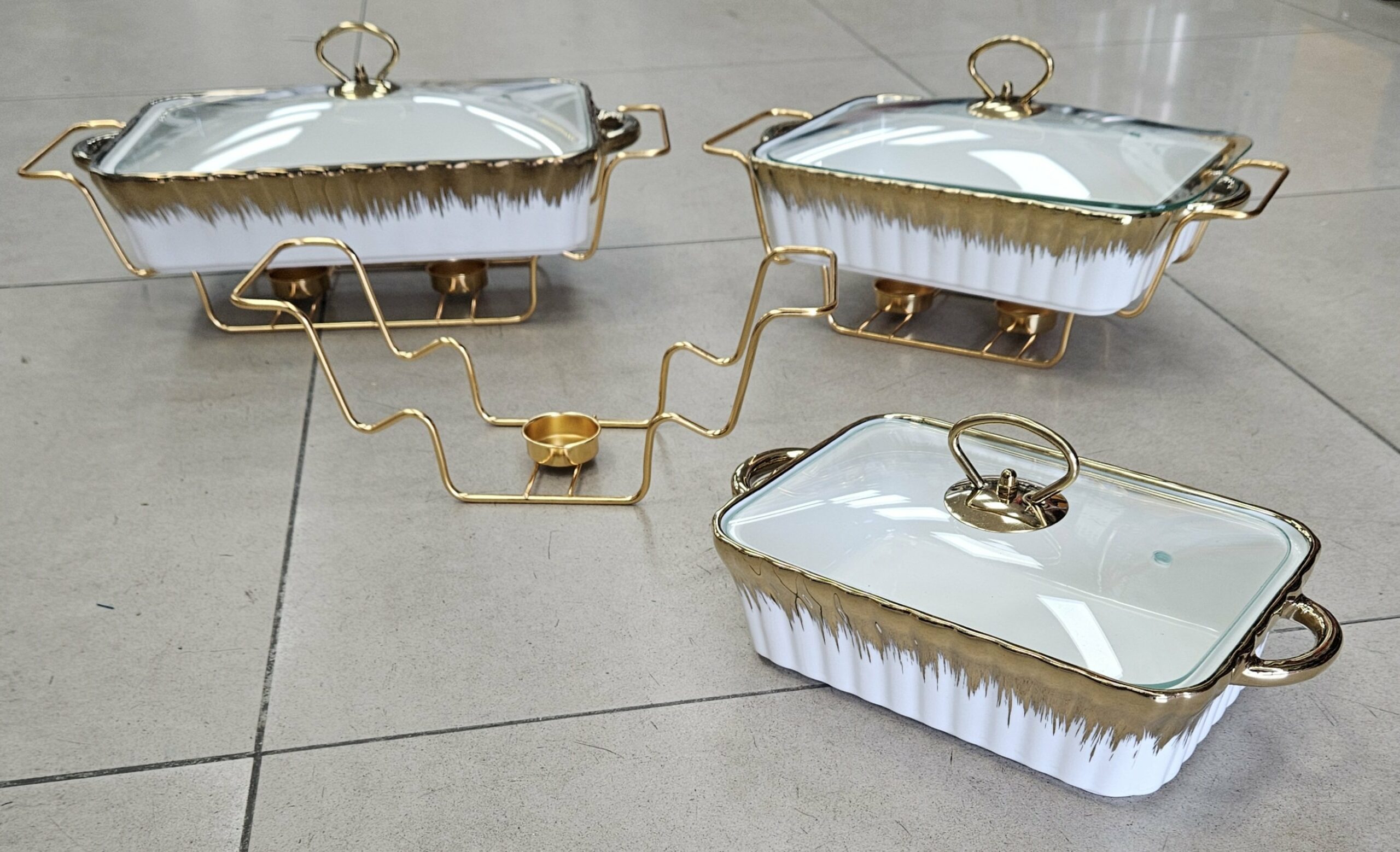 Plat en porcelaine 3pcs + support garde au chaud - Gold - YS-T73