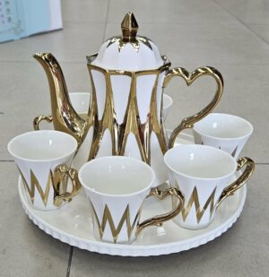 Service à café + plateau tournant - Blanc/Gold - YS-AT04