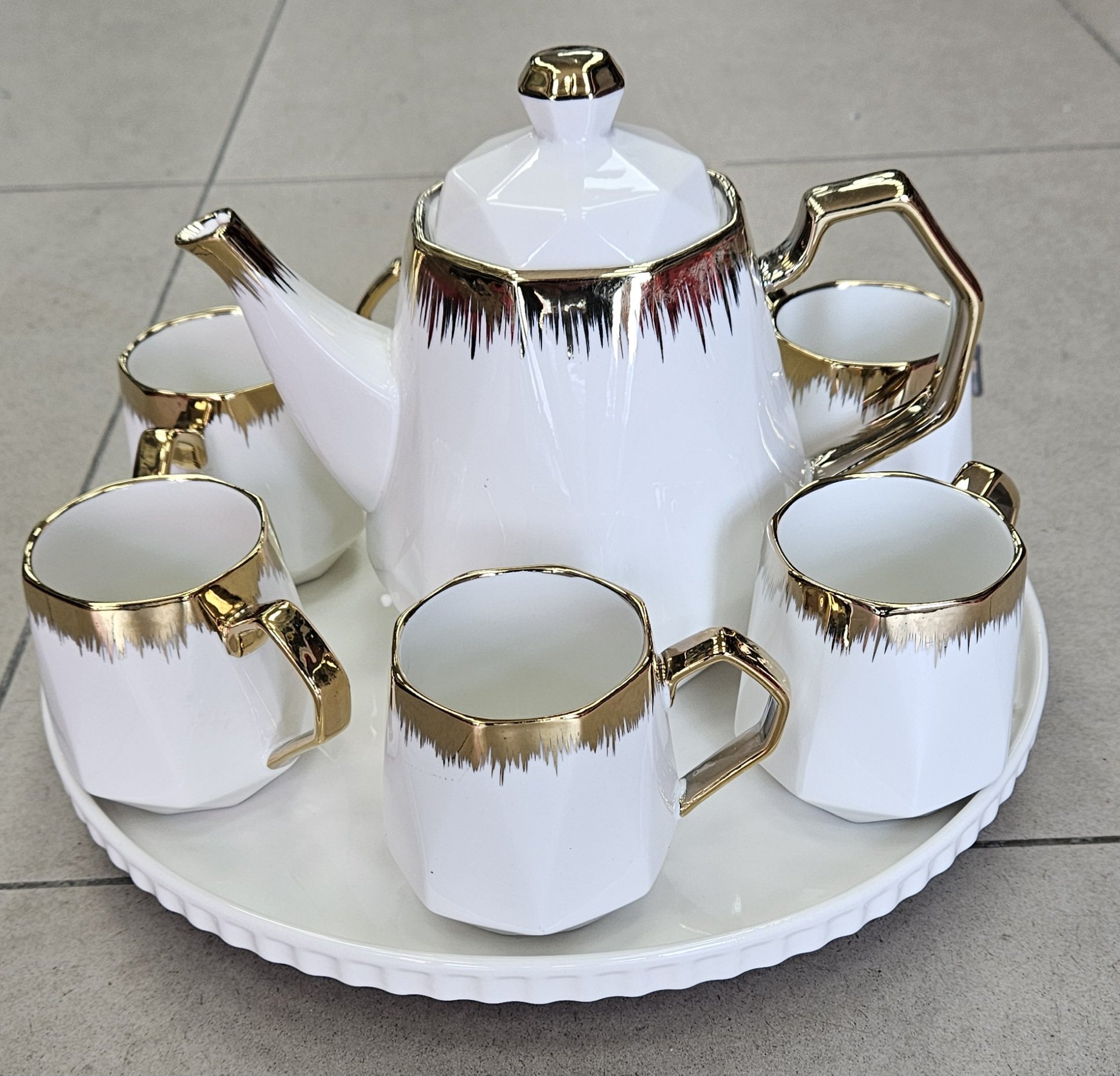 Service à café + plateau tournant - Blanc/Gold Octogonal- YS-AT06