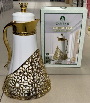 Thermos 1L Blanc/doré robe montante- intérieur verre rose