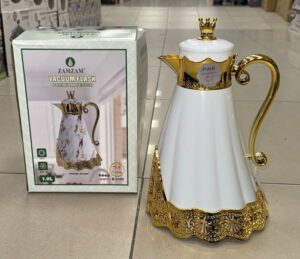 Thermos 1L blanc/doré robe basse - intérieur verre rose
