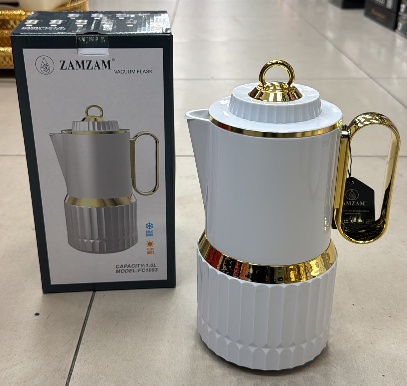 Thermos 1L Blanc/doré - intérieur verre rose
