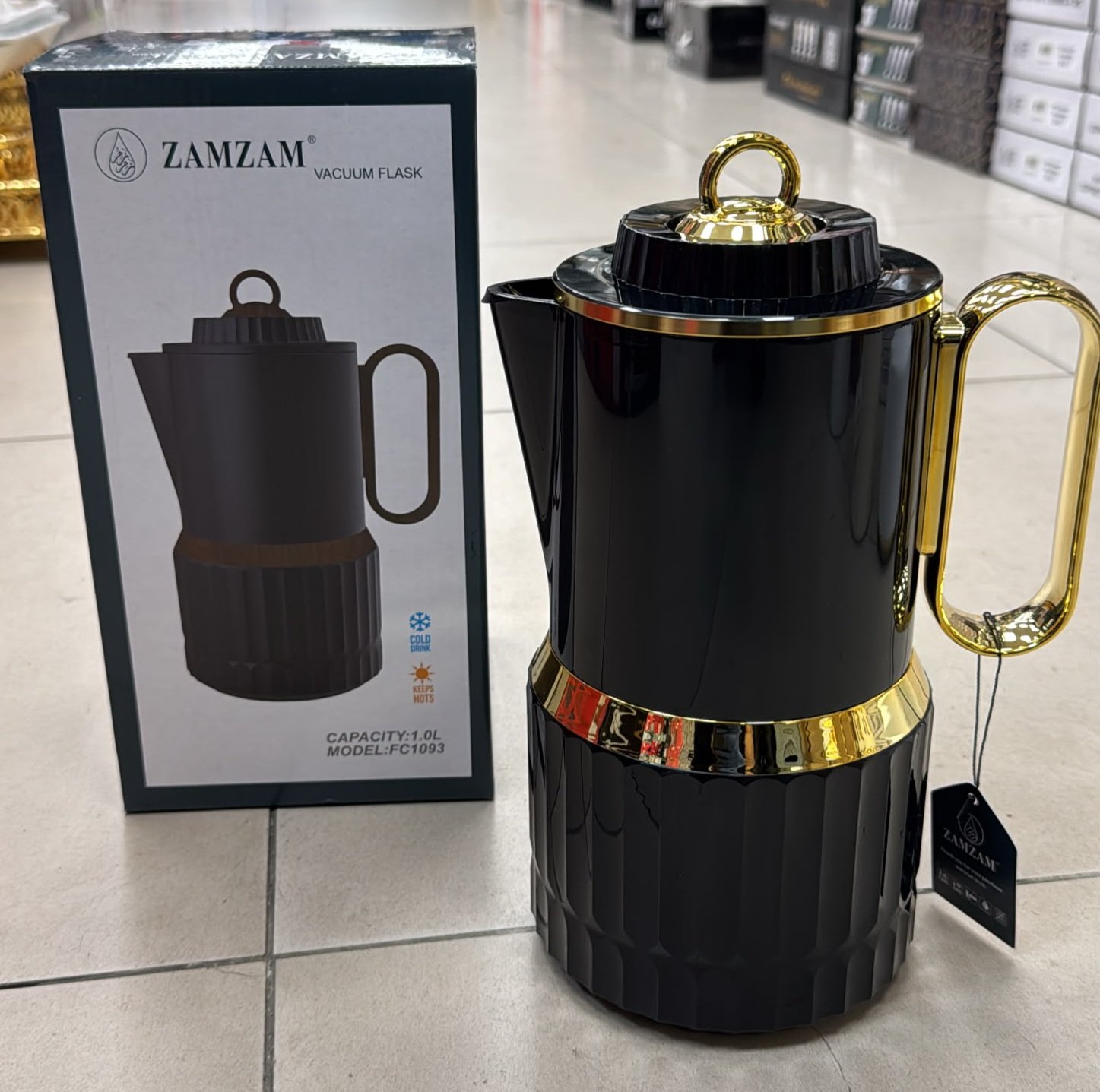 Thermos 1L noir/doré - intérieur verre rose