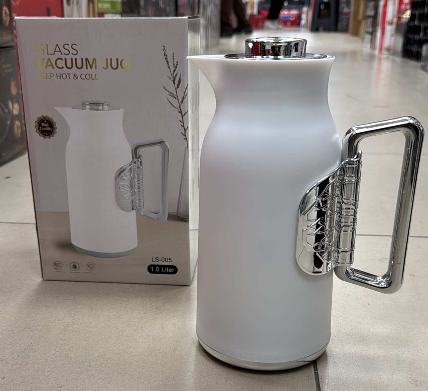 Thermos 1L Blanc/silver - intérieur verre rose