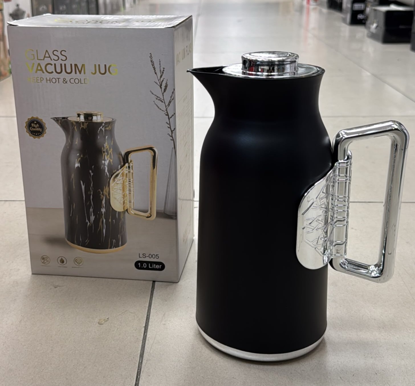 Thermos 1L noir/silver - intérieur verre rose