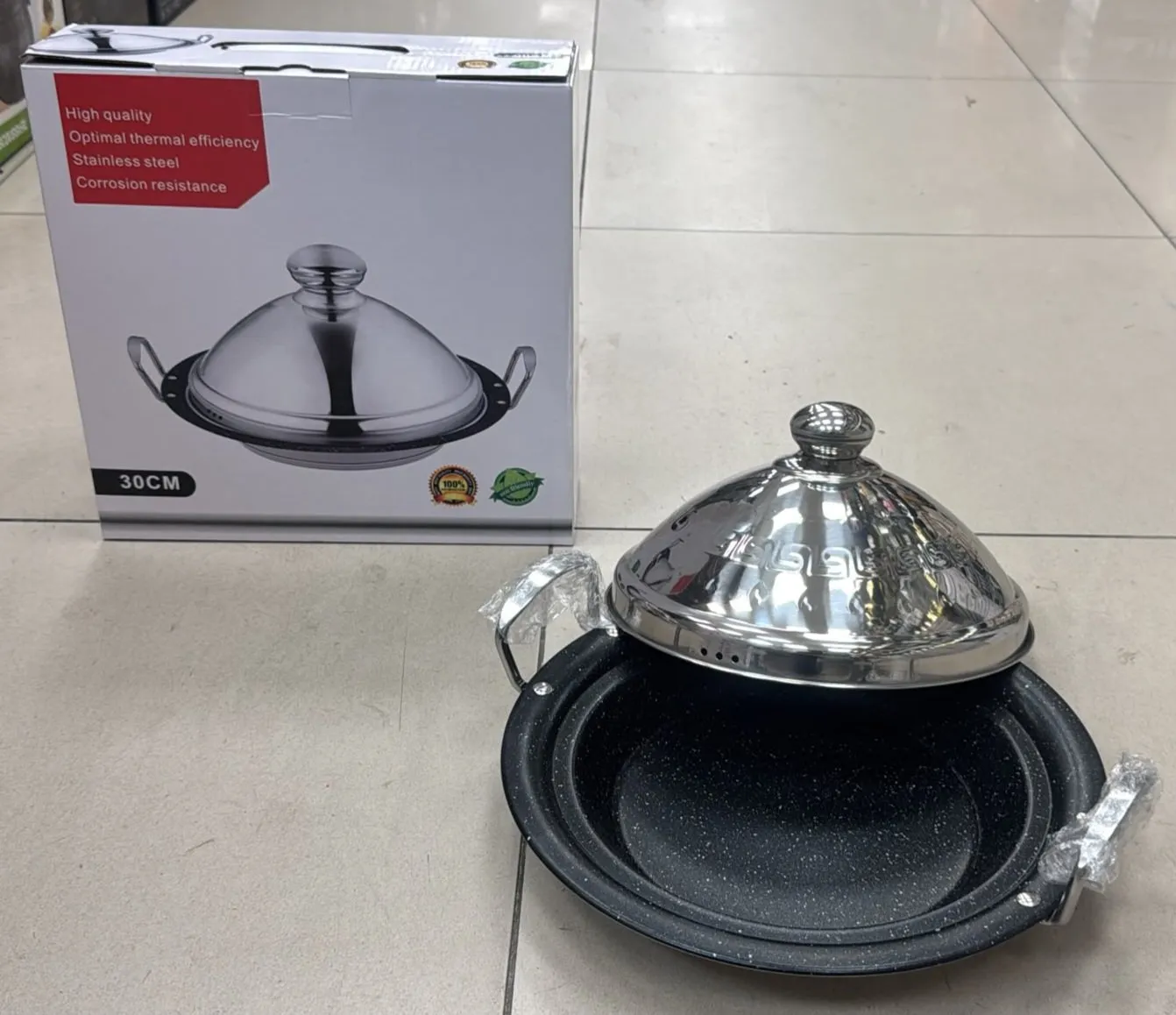 Tajine 30 cm en Acier Inoxydable avec Revêtement Effet Pierre Noir – Compatible Induction Tous Feux