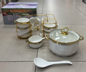 Soupiere en porcelaine + 6 bol + support chauffant + 6 Cueillere- YS-2606TH-T05