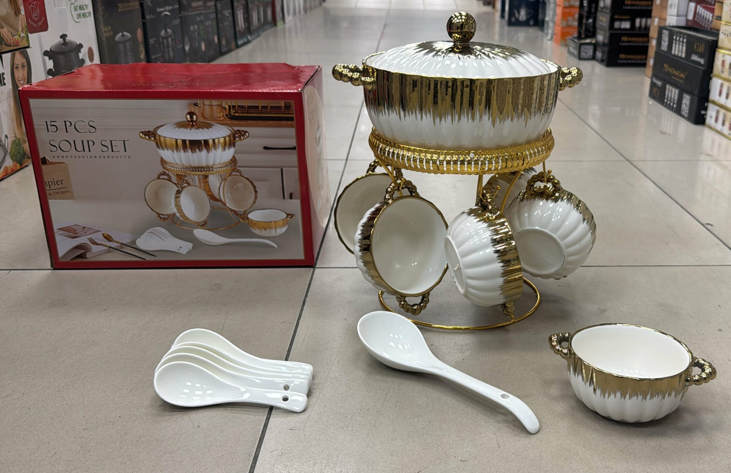 Soupiere en porcelaine + 6 bol + support + 6 cueillere