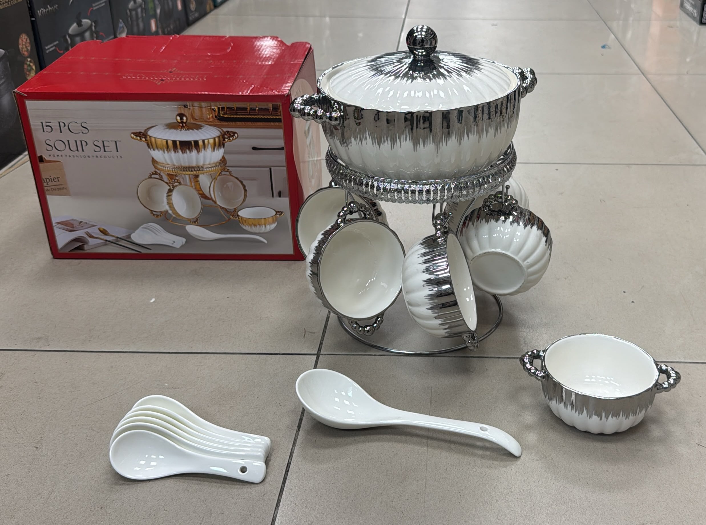 Soupiere en porcelaine + 6 bol + support + 6 cueillere - YS-2606TH-T08