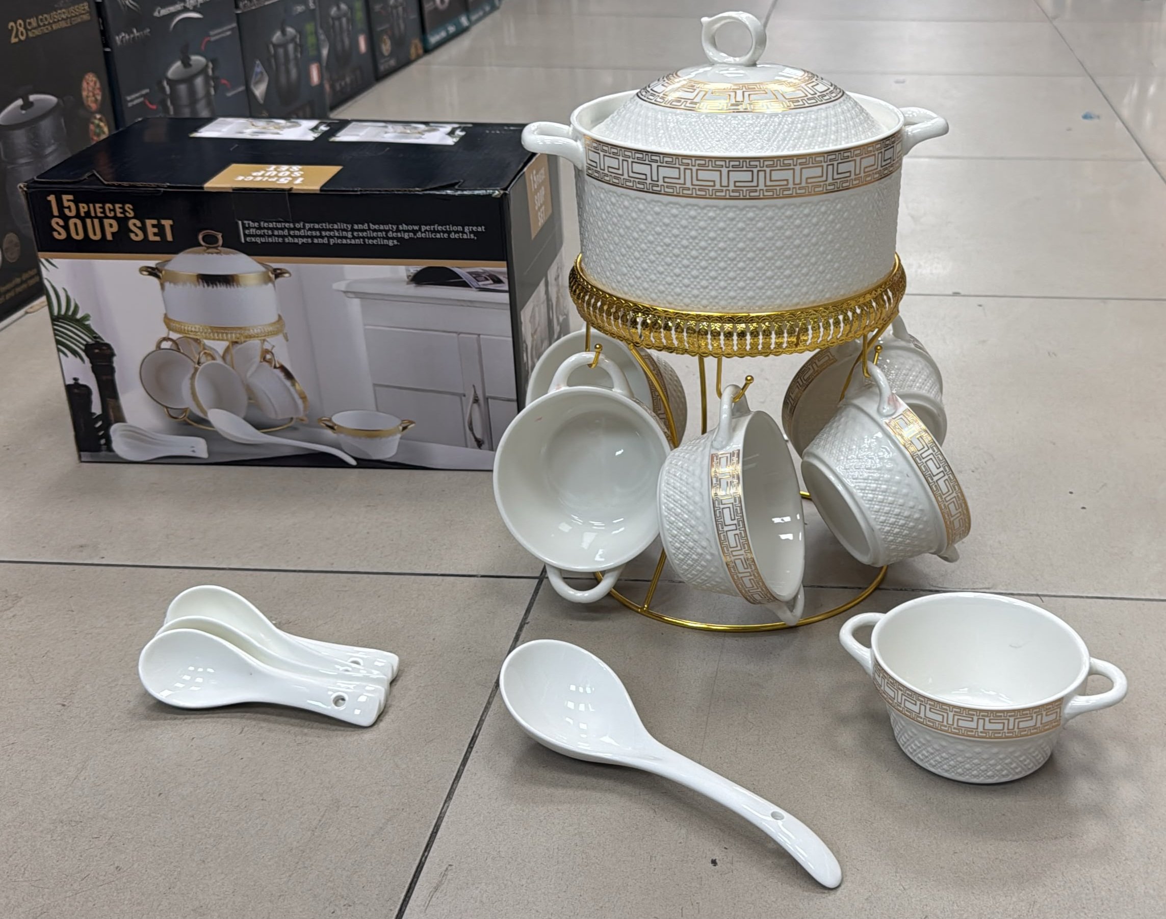 Soupiere en porcelaine + 6 bol + support + 6 Cueillere - YS-2606TH-T07