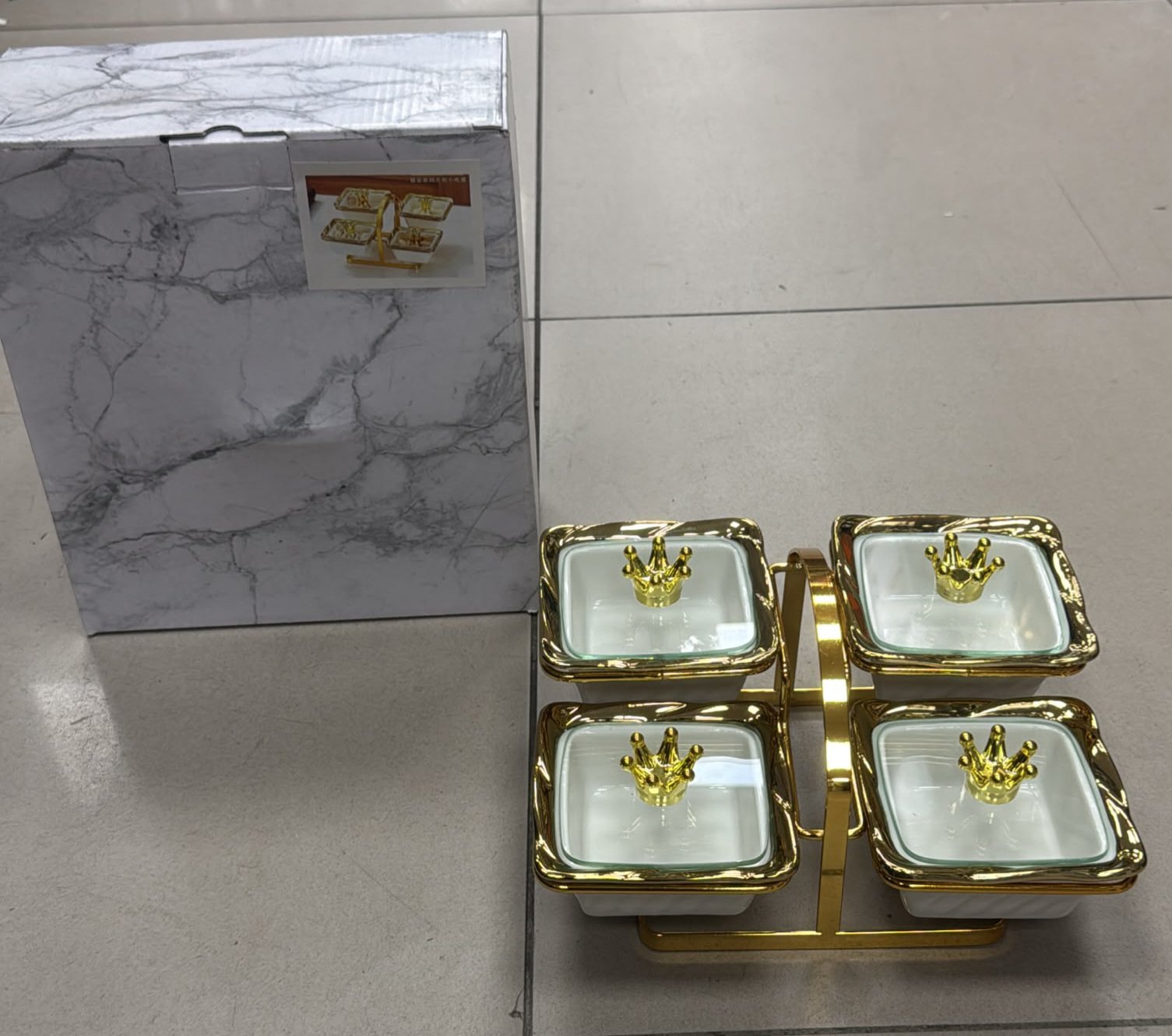 Presentoir 4pcs en Porcelaine avec support Inox