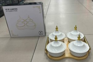 Presentoir 4pcs en Porcelaine avec support en bois