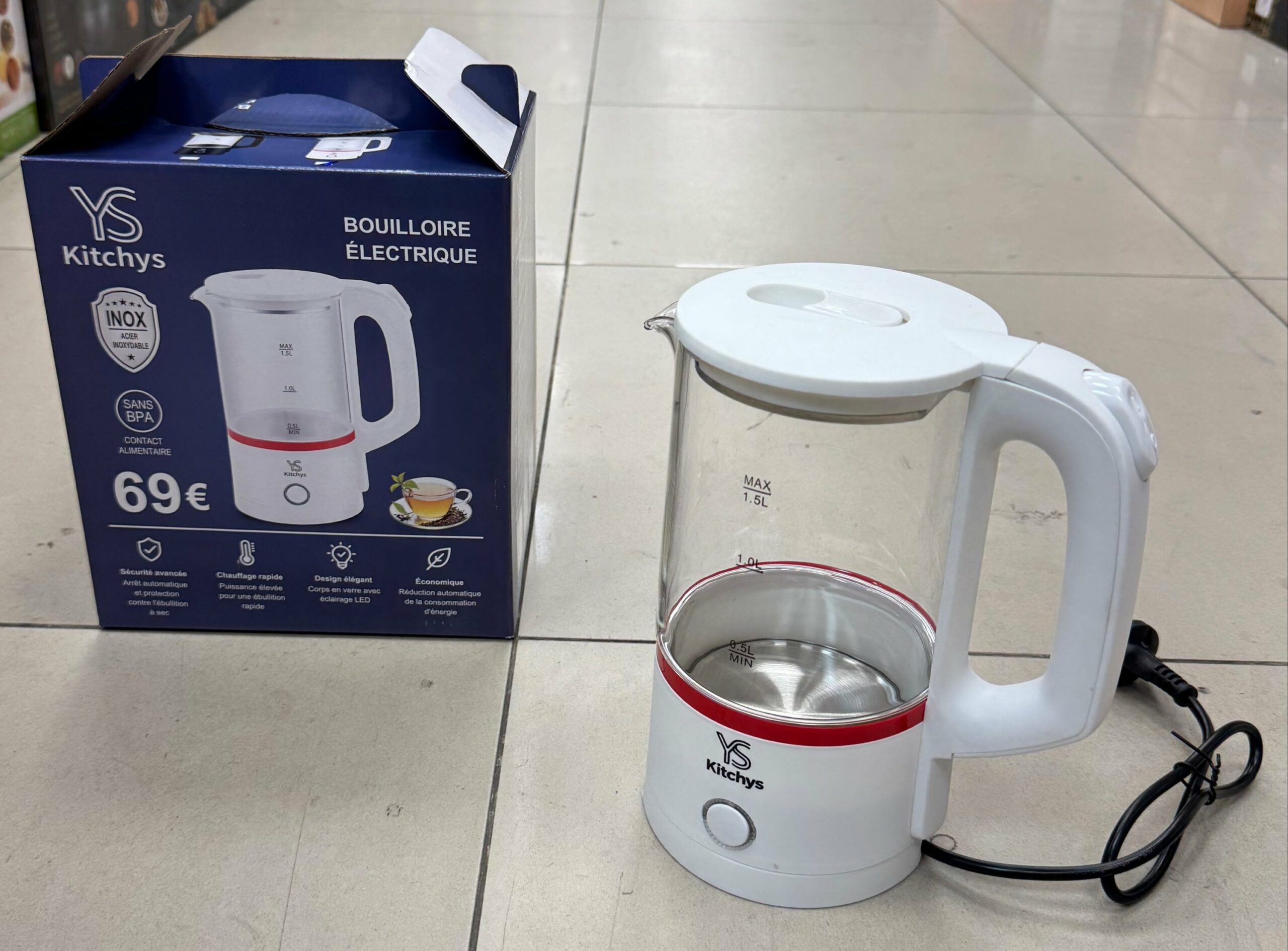 Bouilloire électrique 1.5L en verre - Blanc
