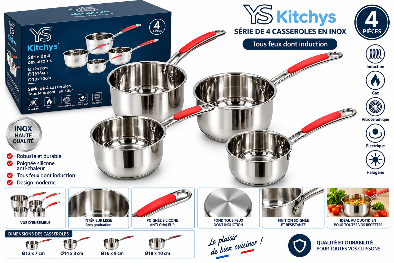 Casserolle 4pcs Inox avec silicone YS
