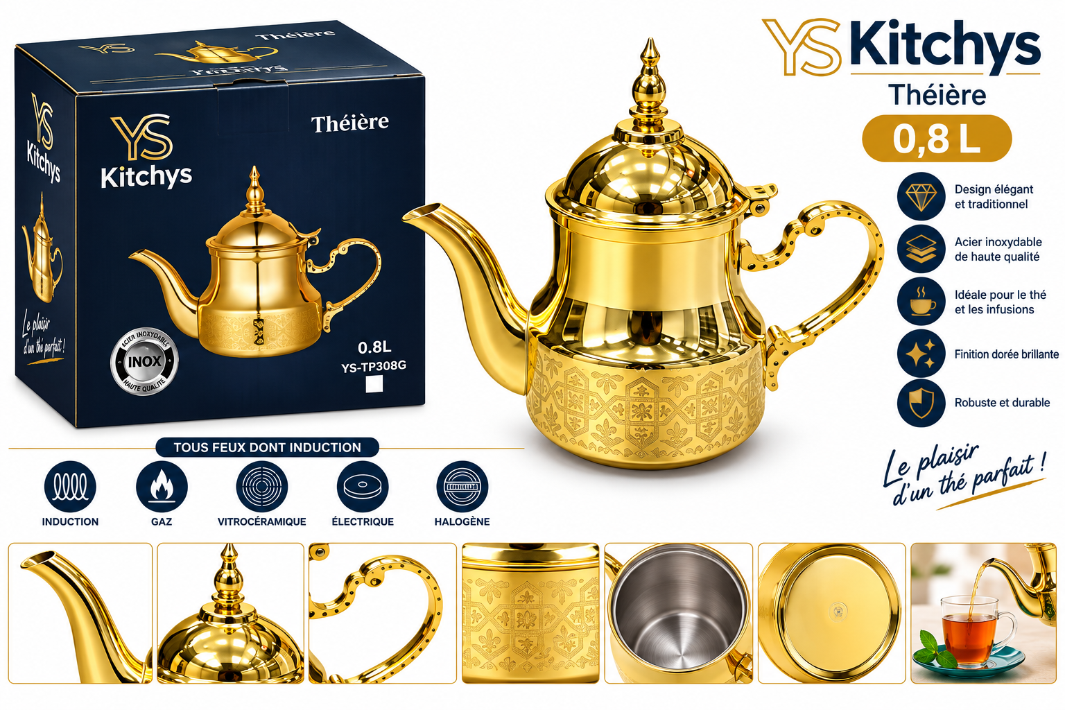 Theiere Inox Gold 0.8L - YS-TP308G