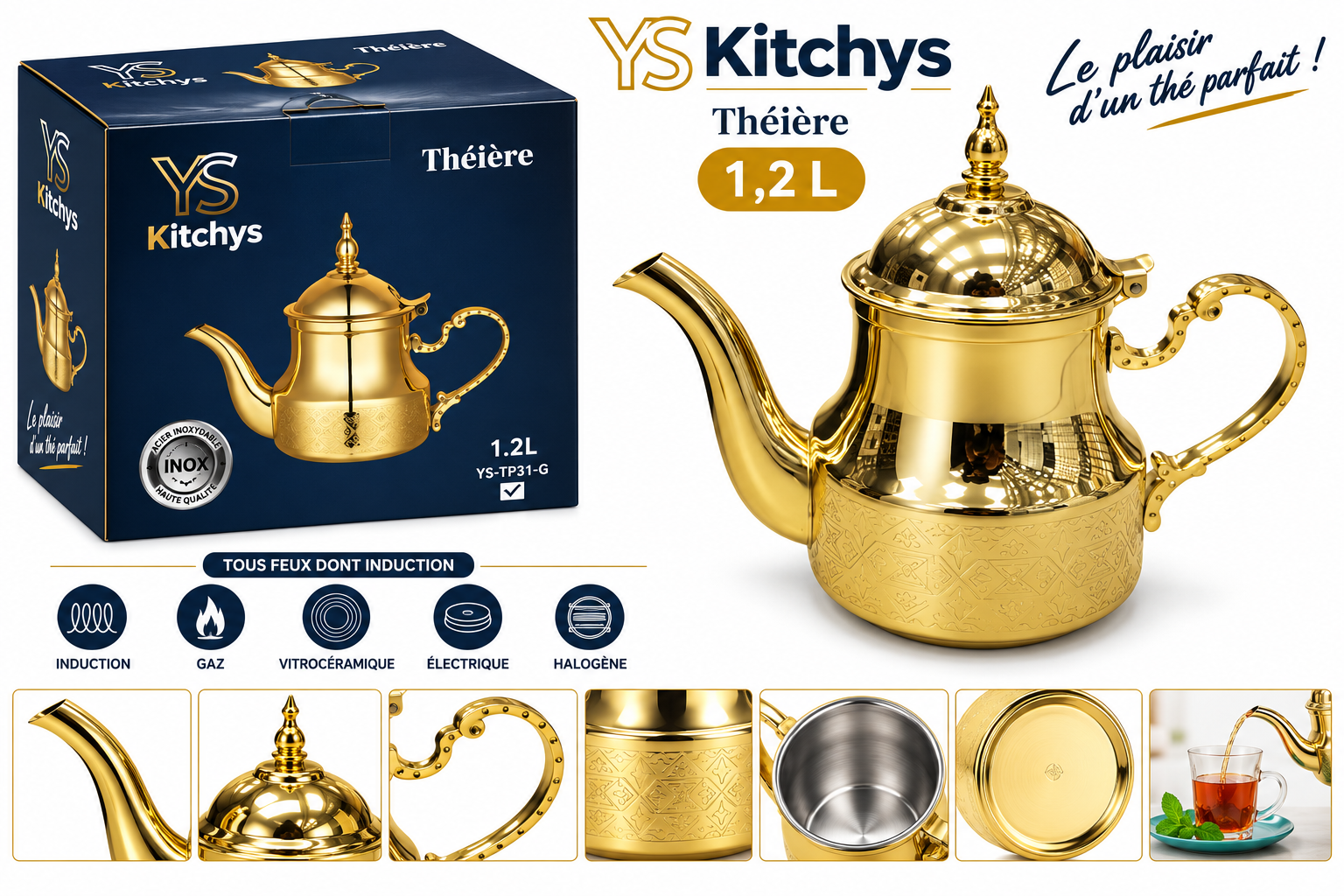 Theiere Inox Gold 1.2L - YS-TP312G